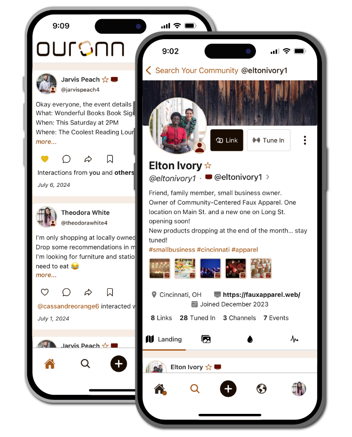 OURONN App previews showing home feed and profile.