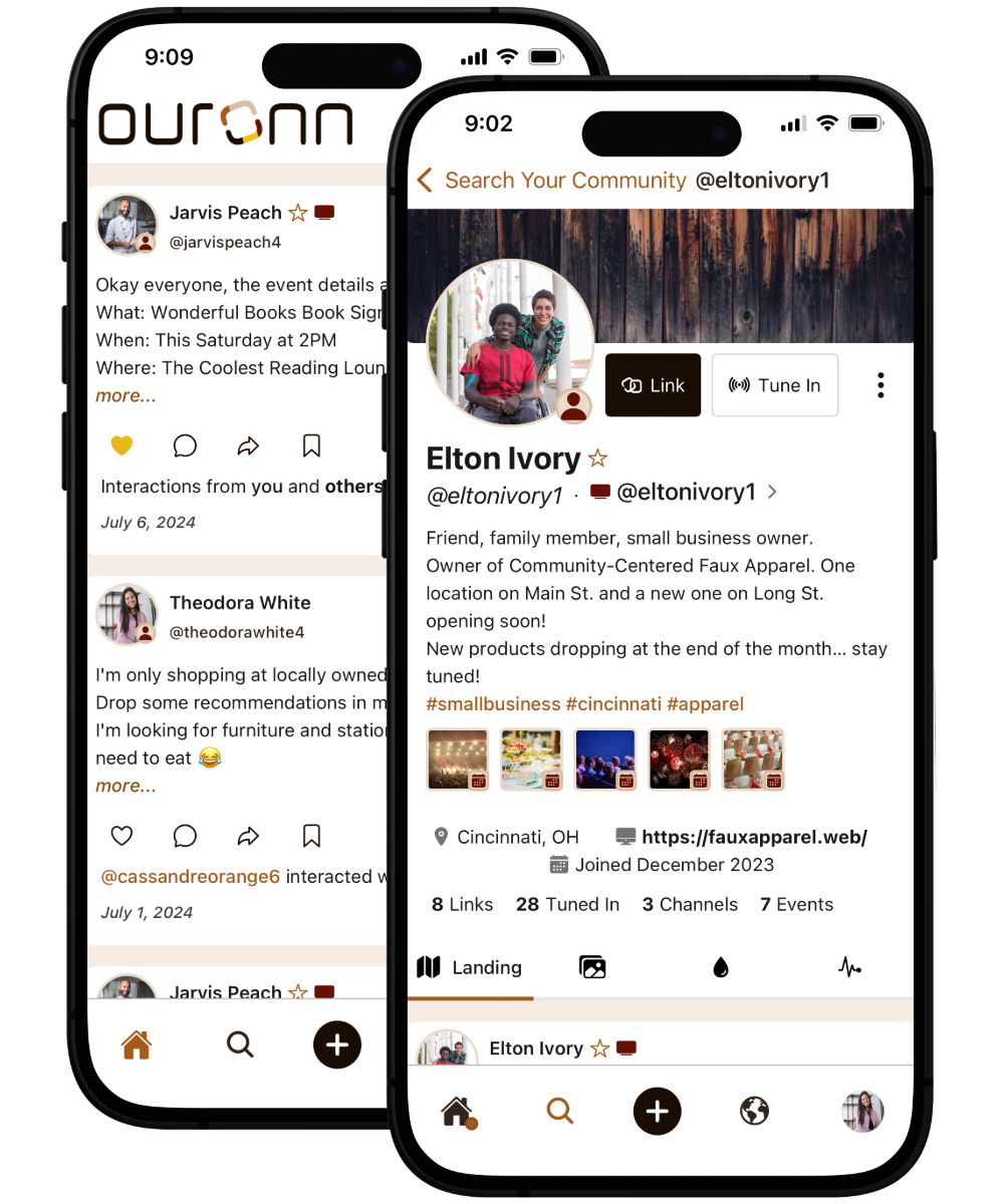 OURONN App previews showing home feed and profile.